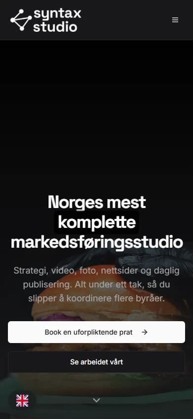 Syntax Studios publiserte nettside på mobil, med et stillbilde fra burgerfilmen.